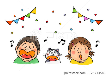 Singing child and cat (garland, confetti) 123714580
