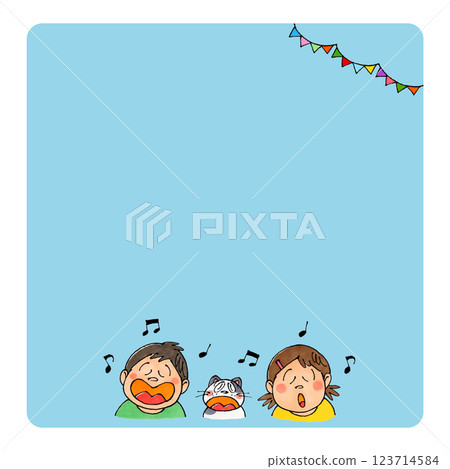 Singing child and cat copy space (blue square) Singing child and cat copy space (blue square) 123714584