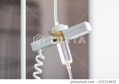 A detailed close up of an intravenous drip resting in a hospital room 123714632