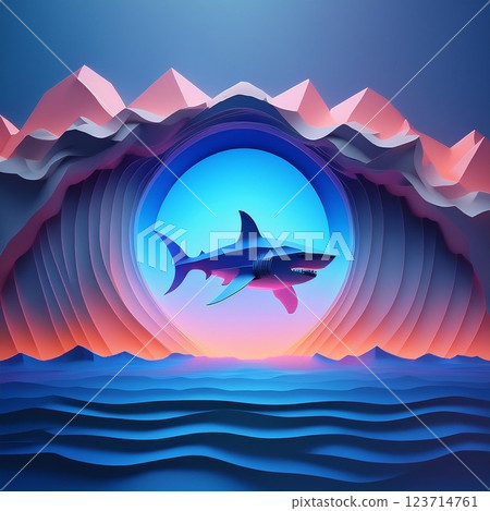 Sea and shark paper craft illustration 123714761