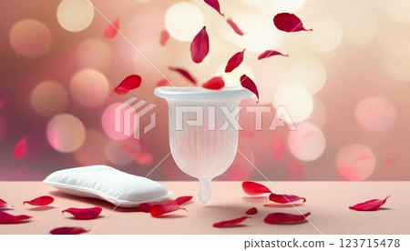 3D illustration of menstrual products such as menstrual cups and sanitary napkins lined up 3D illustration of menstrual products such as menstrual cups and sanitary napkins lined up 123715478