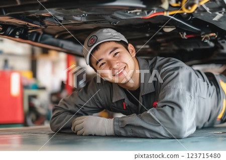 A male worker crawls under a car to perform maintenance on the vehicle A male worker crawls under a car to perform maintenance on the vehicle 123715480