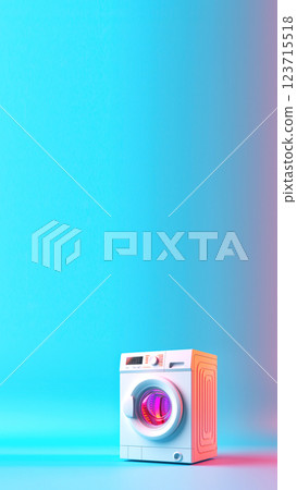 A modern washing machine and dryer in a minimalistic setting with a vibrant orange and blue background. The vertical composition is perfect for social media stories and reels 123715518