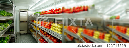 A modern refrigerator with an open door, showcasing organized food storage, including fresh tomatoes. The clean and cool design highlights efficient refrigeration and food preservation 123715519