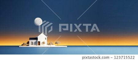 A modern house under the serene glow of the moon, set against a minimalist night sky. The sleek architecture of the home is highlighted, symbolizing real estate, property A modern house under the serene glow of the moon, set against a minimalist night sky. The sleek architecture of the home is highlighted, symbolizing real estate, property 123715522