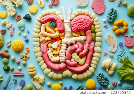 gut health and digestion, featuring nutritious foods that support the microbiome. The design highlights probiotics and wellness 123715543