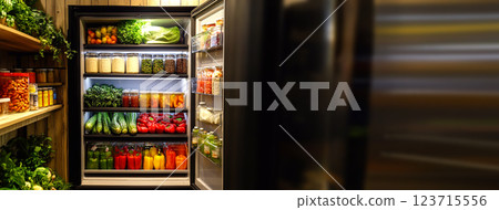 A fresh and vibrant banner featuring an open refrigerator filled with colorful vegetables and fruits. Banner for design with copy space 123715556