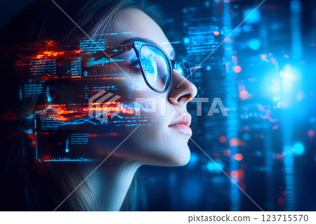 A professional woman wearing glasses, immersed in a digital environment filled with cyber data and code. She represents a skilled tech worker 123715570