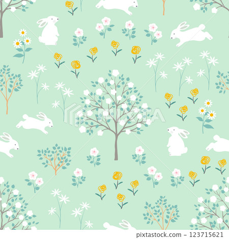 Easter seamless repeat pattern with hand drawn rabbits and wildflowers on spring forest Easter seamless repeat pattern with hand drawn rabbits and wildflowers on spring forest 123715621