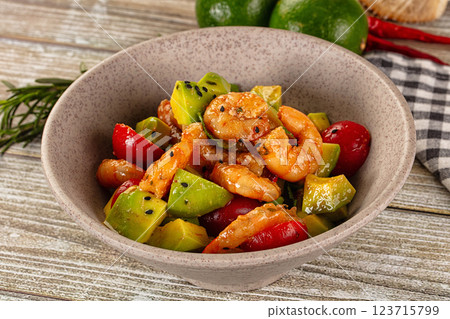 Dietary salad with shrimps and avocado 123715799