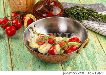 Baked eggplant with cherry and mozzarella Baked eggplant with cherry and mozzarella 123715820