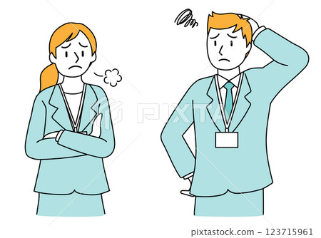 穿著簡單線條西服的年輕男女——憂心忡忡 穿著簡單線條西服的年輕男女——憂心忡忡 123715961