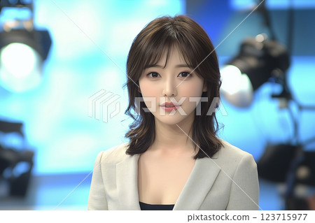 A young female announcer working in a TV station's news studio 123715977