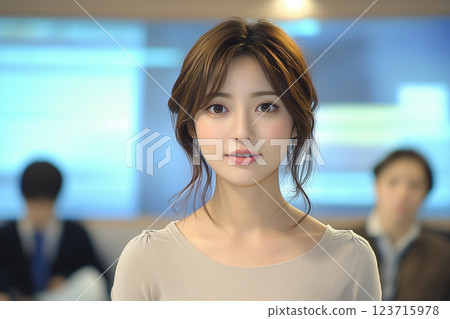 A young female announcer reads the news from her workplace after receiving an emergency report 123715978