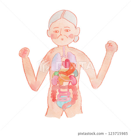 活潑的灰髮祖母和內臟的水彩插圖 123715985