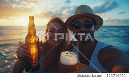 A close-up image of a man and a woman celebrating with bottles of beer clinking together. The background a ocean with the sun setting. Ai generated. 123716011