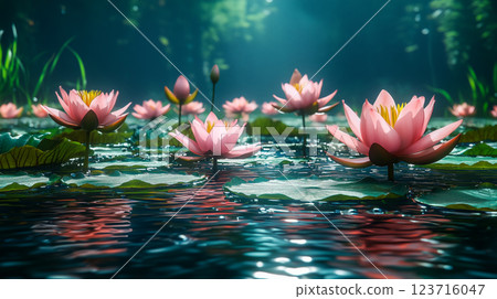 清澈的池塘里，荷花輕輕搖曳 123716047