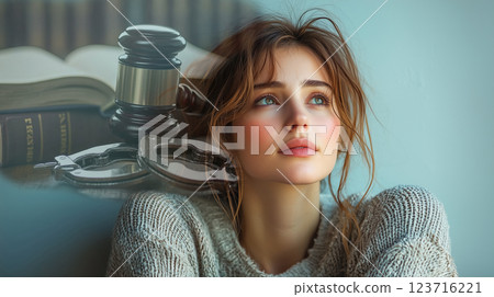 Depressed woman in deep thought, high concept expression of justice and law 123716221