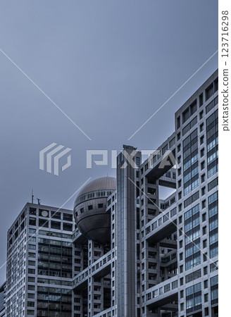 Fuji Television Network's headquarters photographed on a dark, cloudy day Fuji Television Fuji Television Network's headquarters photographed on a dark, cloudy day Fuji Television 123716298