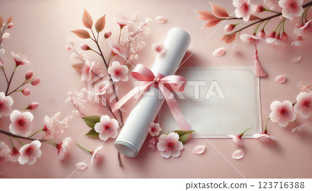 櫻花和文憑的畢業背景，帶有文字空間的柔和春季設計 123716388