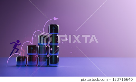 Business Success and set Goal Concepts. Businessman icon Jumping Forward on Arrow Up from Low to High Staircase. Reaching Goal and Potential. Futuristic tone Business Success and set Goal Concepts. Businessman icon Jumping Forward on Arrow Up from Low to High Staircase. Reaching Goal and Potential. Futuristic tone 123716640