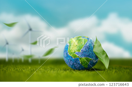 World Earth Day Concept. Green Energy, Renewable and Sustainable Resources. Environmental and Ecology. Green Leaf by the Globe.Blue Sky and Wind Turbine Generator as background World Earth Day Concept. Green Energy, Renewable and Sustainable Resources. Environmental and Ecology. Green Leaf by the Globe.Blue Sky and Wind Turbine Generator as background 123716643