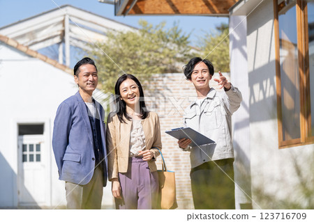 A businessman and a middle-aged couple having a meeting about renovation A businessman and a middle-aged couple having a meeting about renovation 123716709