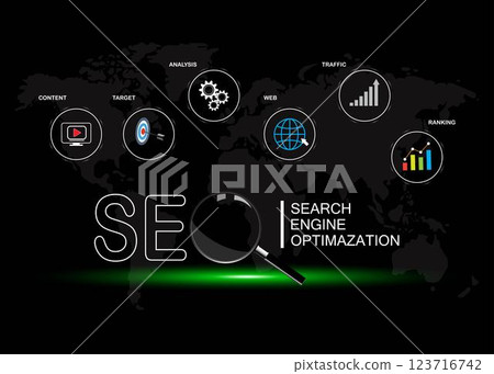 a virtual seo icon analyzing search engine optimization for website ranking, digital marketing, seo strategy, business concept. a virtual seo icon analyzing search engine optimization for website ranking, digital marketing, seo strategy, business concept. 123716742