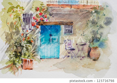 Small town in southern France watercolor landscape painting Small town in southern France watercolor landscape painting 123716798