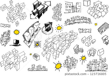 hand drawn architectural sketches of urban ideas and city structures and parts of the city and architecture and fantastic buildings 123716805