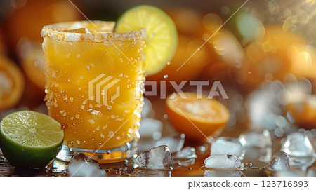 A glass rimmed with salt, filled with tangy lime juice, refreshing orange juice, lemonade, and ice 123716893