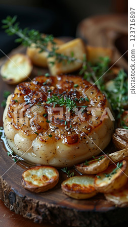 Foie gras with white beans and potato chips served on a rustic wooden board, complemented by a drizzle of truffle oil and a sprig of fresh herbs 123716897