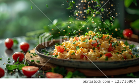 On a rustic wooden board, fluffy scrambled eggs are garnished with fresh parsley and chives, their vibrant yellow color beautifully contrasted by the green herbs. 123716904