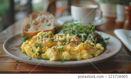 Fluffy scrambled eggs on a vintage plate, garnished with fresh herbs, while slices of baguette and mixed greens float above, creating a whimsical effect. 123716905