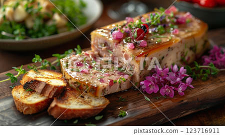 a slice of foie gras terrine on a rustic wooden board. The terrine is rich and creamy, delicately sliced and garnished with edible flowers for visual appeal 123716911