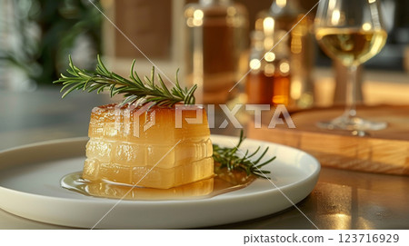 Foie gras with a glass ampoule of white wine and rosemary jelly levitates against a minimalist background, showcasing elegance. 123716929