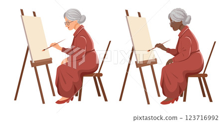 Vector clip arts set of old woman painting on easel. Hobby in retirement. Grandmother artist. Collection of flat illustration 123716992