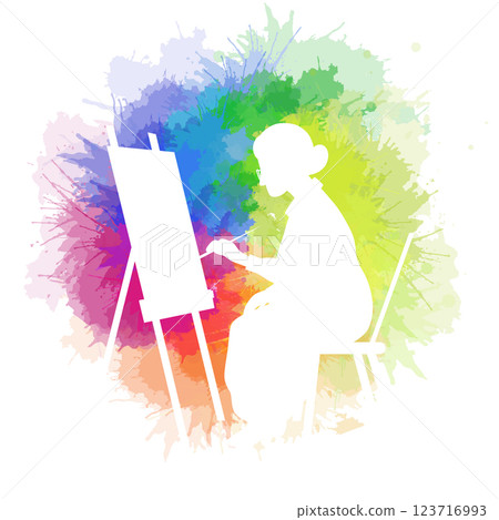 White silhouette of woman painting on easel on rainbow watercolor splash. Grandmother artist. Creativity and inspiration. 123716993