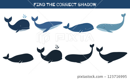 Vector educational game for kids. Match cute whales with their correct shadows. Educational template. Fun activity for children. 123716995