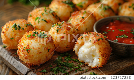 of arancini, deep-fried risotto balls stuffed with mozzarella, arranged on a rustic wooden board of arancini, deep-fried risotto balls stuffed with mozzarella, arranged on a rustic wooden board 123717228