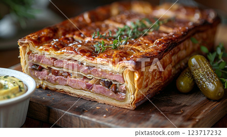 A slice of savory pate in a golden, flaky crust, displayed on a rustic wooden board with spicy mustard and pickles. 123717232