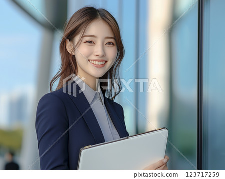 身穿西裝的年輕女子,背景是一棟辦公大樓。女商人 身穿西裝的年輕女子,背景是一棟辦公大樓。女商人 123717259