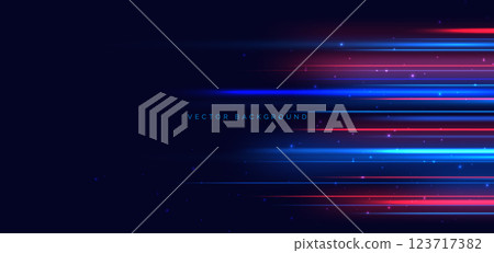 Speed motion movement horizontal light blue and red on drak blue background with sparkle. Hi-speed racer car blue motion concept. 123717382
