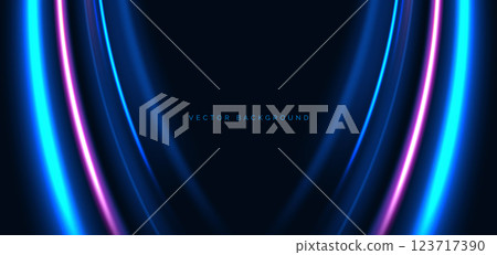 Hi-speed blue and pink neon curved beams rays on dark blue background. Speed motion moving concept. 123717390