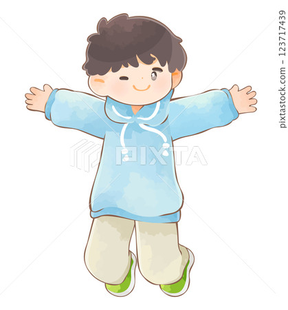 男孩張開雙臂跳躍 男孩張開雙臂跳躍 123717439