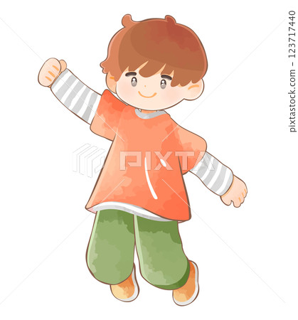 Child boy jumping with one hand raised 123717440