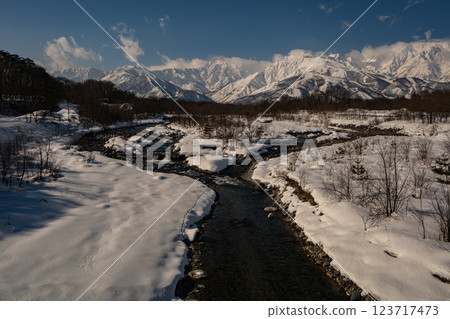 Clear skies and snow-capped Northern Alps mountain range, Hakuba Village, Nagano Prefecture Clear skies and snow-capped Northern Alps mountain range, Hakuba Village, Nagano Prefecture 123717473