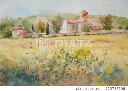Small village in southern France watercolor landscape painting 123717606