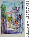 Small village in southern France watercolor landscape painting 123717952