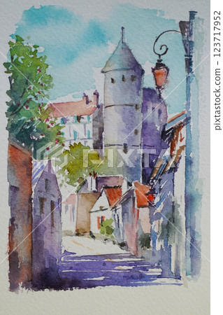 Small village in southern France watercolor landscape painting 123717952